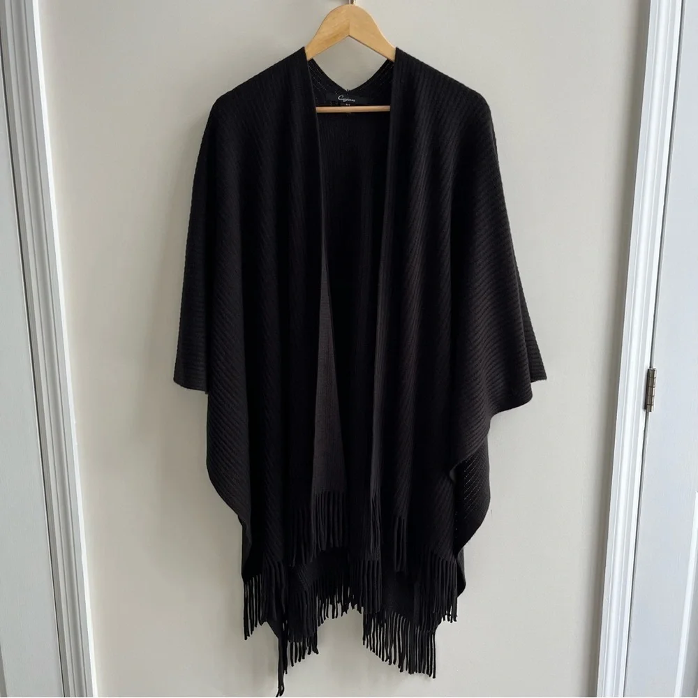 Cejon Super Soft Fringe Trim Open Front Ribbed Knit Ruana Black One Size - Picture 1 of 7